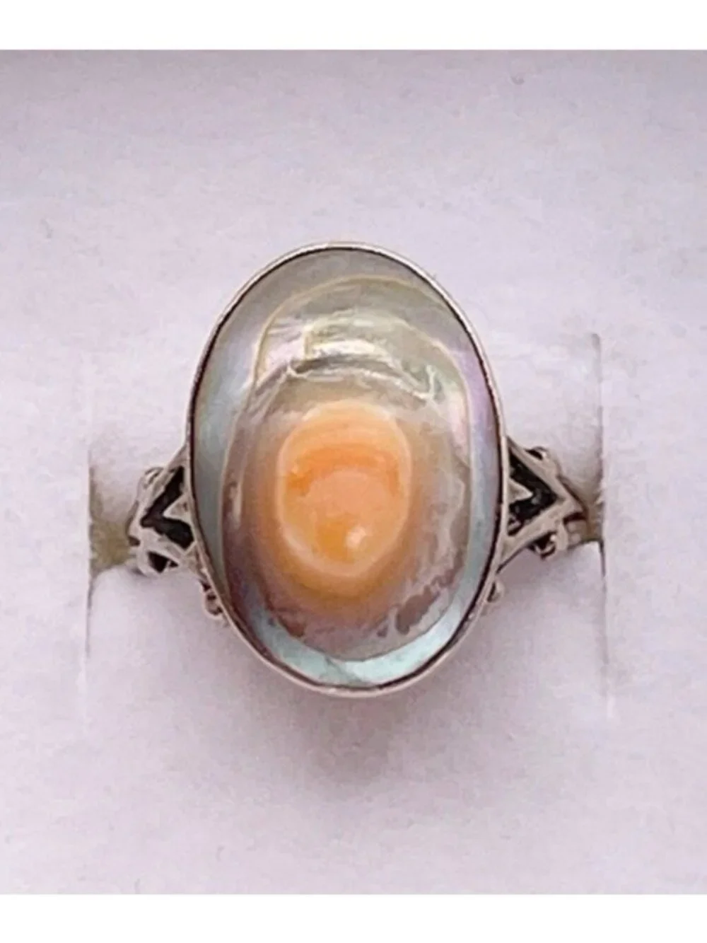 Vintage Sterling Silver Natural Blister Pearl Oval Ring Mabe Domed Size 5.25